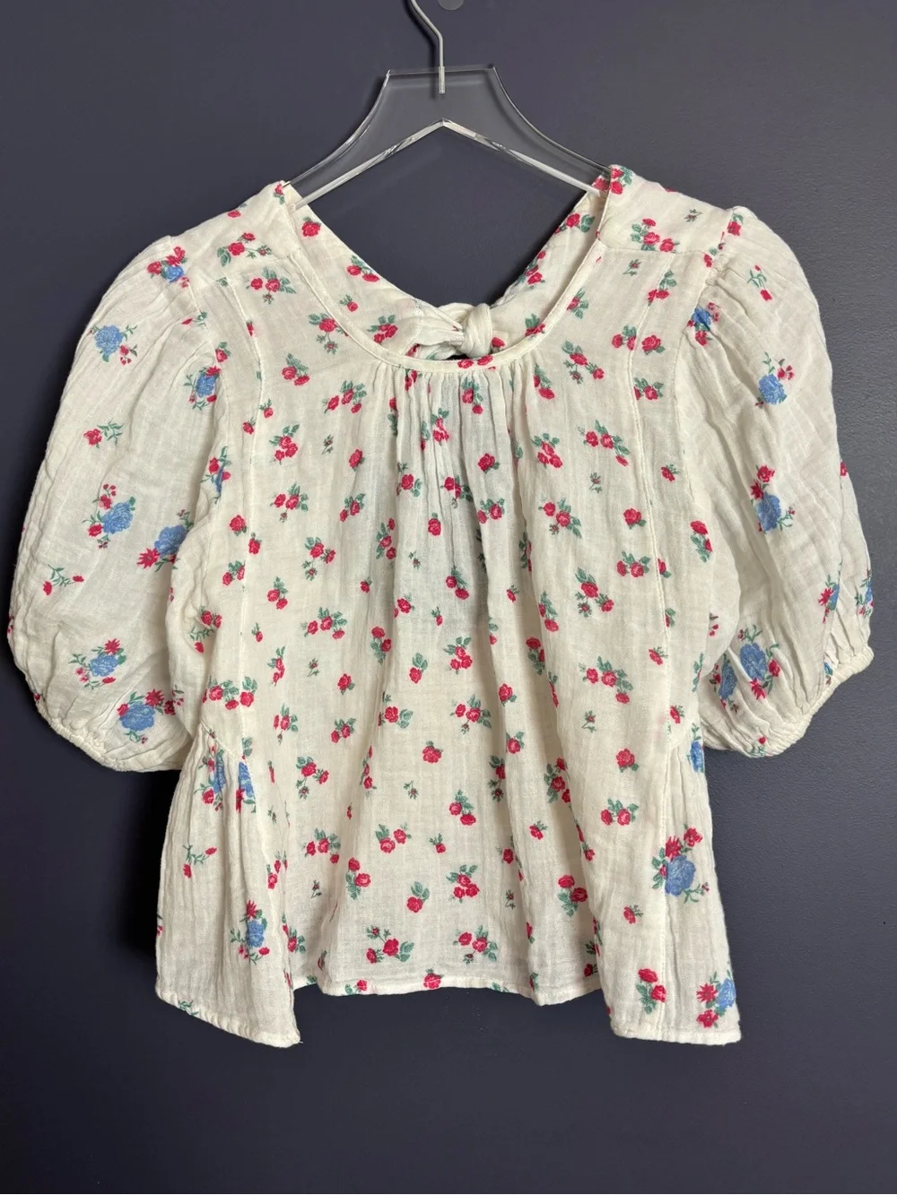 Free People Chloe Floral Print Gauzy Cotton Top Blouse XS Puff Sleeve Cottage